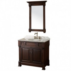36 inch Single Bathroom Vanity in Dark Cherry, White Carrera Marble Countertop, Undermount Oval Sink, and 28 inch Mirror