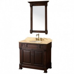 36 inch Single Bathroom Vanity in Dark Cherry, Ivory Marble Countertop, Undermount Oval Sink, and 28 inch Mirror