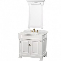 36 inch Single Bathroom Vanity in White, White Carrera Marble Countertop, Undermount Oval Sink, and 28 inch Mirror