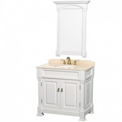 36 inch Single Bathroom Vanity in White, Ivory Marble Countertop, Undermount Oval Sink, and 28 inch Mirror