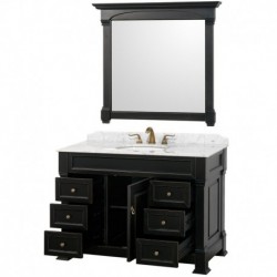 48 inch Single Bathroom Vanity in Black, White Carrera Marble Countertop, Undermount Oval Sink, and 44 inch Mirror