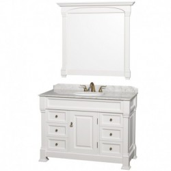 48 inch Single Bathroom Vanity in White, White Carrera Marble Countertop, Undermount Oval Sink, and 44 inch Mirror