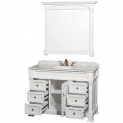 48 inch Single Bathroom Vanity in White, White Carrera Marble Countertop, Undermount Oval Sink, and 44 inch Mirror