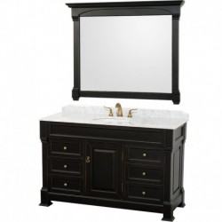 55 inch Single Bathroom Vanity in Black, White Carrera Marble Countertop, Undermount Oval Sink, and 50 inch Mirror