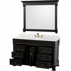 55 inch Single Bathroom Vanity in Black, White Carrera Marble Countertop, Undermount Oval Sink, and 50 inch Mirror