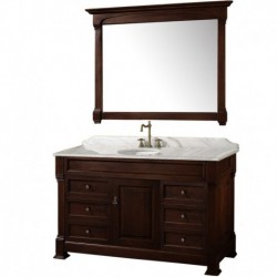 55 inch Single Bathroom Vanity in Dark Cherry, White Carrera Marble Countertop, Undermount Oval Sink, and 50 inch Mirror