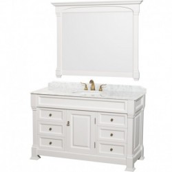 55 inch Single Bathroom Vanity in White, White Carrera Marble Countertop, Undermount Oval Sink, and 50 inch Mirror
