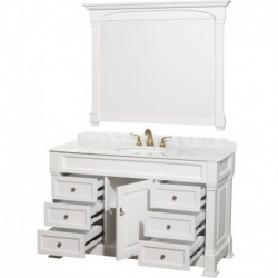 55 inch Single Bathroom Vanity in White, White Carrera Marble Countertop, Undermount Oval Sink, and 50 inch Mirror