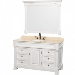 55 inch Single Bathroom Vanity in White, Ivory Marble Countertop, Undermount Oval Sink, and 50 inch Mirror