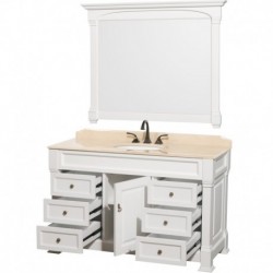 55 inch Single Bathroom Vanity in White, Ivory Marble Countertop, Undermount Oval Sink, and 50 inch Mirror