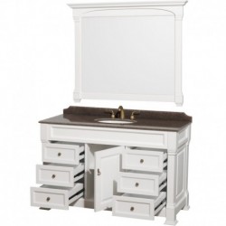 55 inch Single Bathroom Vanity in White, Imperial Brown Granite Countertop, Undermount Oval Sink, and 50 inch Mirror