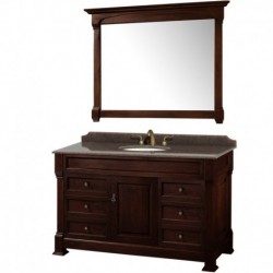 55 inch Single Bathroom Vanity in Dark Cherry, Imperial Brown Granite Countertop, Undermount Oval Sink, and 50 inch Mirror