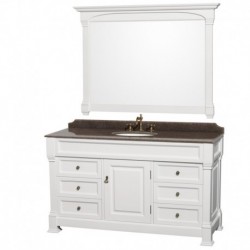 60 inch Single Bathroom Vanity in White, Imperial Brown Granite Countertop, Undermount Oval Sink, and 56 inch Mirror