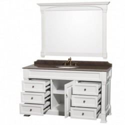 60 inch Single Bathroom Vanity in White, Imperial Brown Granite Countertop, Undermount Oval Sink, and 56 inch Mirror