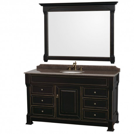 60 inch Single Bathroom Vanity in Black, Imperial Brown Granite Countertop, Undermount Oval Sink, and 56 inch Mirror
