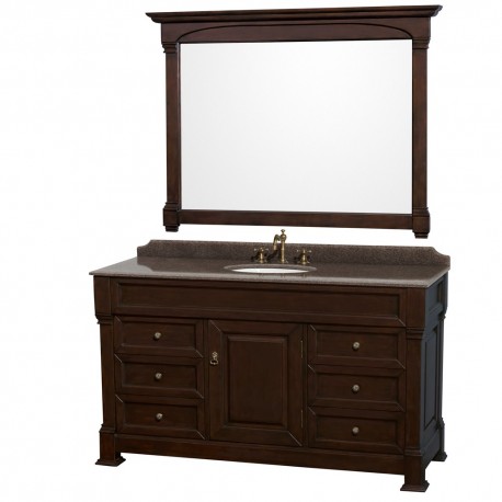 60 inch Single Bathroom Vanity in Dark Cherry, Imperial Brown Granite Countertop, Undermount Oval Sink, and 56 inch Mirror