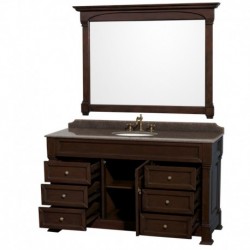 60 inch Single Bathroom Vanity in Dark Cherry, Imperial Brown Granite Countertop, Undermount Oval Sink, and 56 inch Mirror