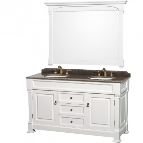 60 inch Double Bathroom Vanity in White, Imperial Brown Granite Countertop, Undermount Oval Sinks, and 56 inch Mirror