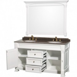 60 inch Double Bathroom Vanity in White, Imperial Brown Granite Countertop, Undermount Oval Sinks, and 56 inch Mirror