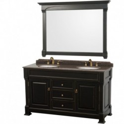 60 inch Double Bathroom Vanity in Black, Imperial Brown Granite Countertop, Undermount Oval Sinks, and 56 inch Mirror