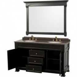 60 inch Double Bathroom Vanity in Black, Imperial Brown Granite Countertop, Undermount Oval Sinks, and 56 inch Mirror