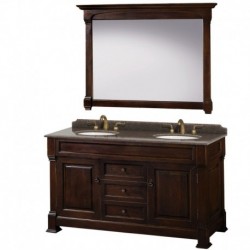 60 inch Double Bathroom Vanity in Dark Cherry, Imperial Brown Granite Countertop, Undermount Oval Sinks, and 56 inch Mirror