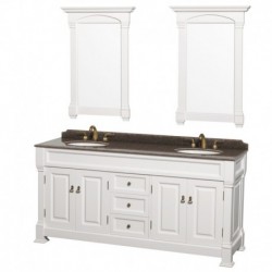 72 inch Double Bathroom Vanity in White, Imperial Brown Granite Countertop, Undermount Oval Sinks, and 28 inch Mirrors