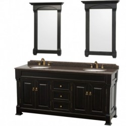 72 inch Double Bathroom Vanity in Black, Imperial Brown Granite Countertop, Undermount Oval Sinks, and 28 inch Mirrors
