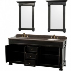 72 inch Double Bathroom Vanity in Black, Imperial Brown Granite Countertop, Undermount Oval Sinks, and 28 inch Mirrors