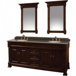 72 inch Double Bathroom Vanity in Dark Cherry, Imperial Brown Granite Countertop, Undermount Oval Sinks, and 28 inch Mirrors