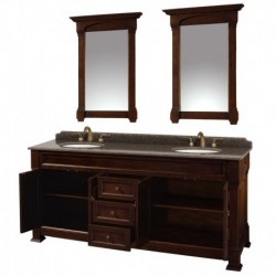 72 inch Double Bathroom Vanity in Dark Cherry, Imperial Brown Granite Countertop, Undermount Oval Sinks, and 28 inch Mirrors
