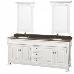 80 inch Double Bathroom Vanity in White, Imperial Brown Granite Countertop, Undermount Oval Sinks, and 28 inch Mirrors