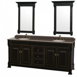 80 inch Double Bathroom Vanity in Black, Imperial Brown Granite Countertop, Undermount Oval Sinks, and 28 inch Mirrors