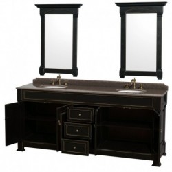 80 inch Double Bathroom Vanity in Black, Imperial Brown Granite Countertop, Undermount Oval Sinks, and 28 inch Mirrors