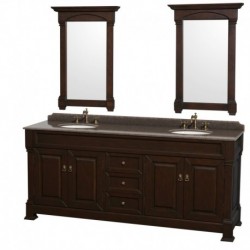 80 inch Double Bathroom Vanity in Dark Cherry, Imperial Brown Granite Countertop, Undermount Oval Sinks, and 28 inch Mirrors