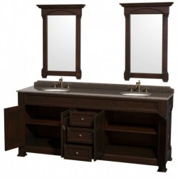 80 inch Double Bathroom Vanity in Dark Cherry, Imperial Brown Granite Countertop, Undermount Oval Sinks, and 28 inch Mirrors
