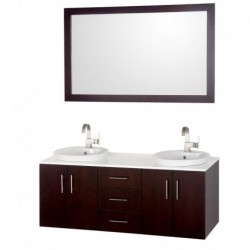 55 inch Double Bathroom Vanity in Espresso, White Man-Made Stone Countertop, White Porcelain Semi-recessed Sinks, and 52 inch M
