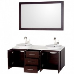 55 inch Double Bathroom Vanity in Espresso, White Man-Made Stone Countertop, White Porcelain Semi-recessed Sinks, and 52 inch M