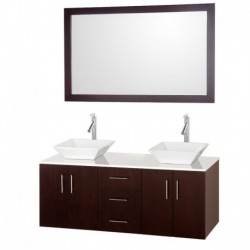 55 inch Double Bathroom Vanity in Espresso, White Man-Made Stone Countertop, Pyra White Porcelain Sinks, and 52 inch Mirror