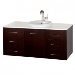 55 inch Double Bathroom Vanity in Espresso, White Man-Made Stone Countertop, Pyra White Porcelain Sinks, and 52 inch Mirror