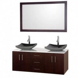 55 inch Double Bathroom Vanity in Espresso, White Man-Made Stone Countertop, Altair Black Granite Sinks, and 52 inch Mirror