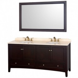 72 inch Double Bathroom Vanity in Espresso, Ivory Marble Countertop, White Porcelain Undermount Sinks , and 60 inch Mirror