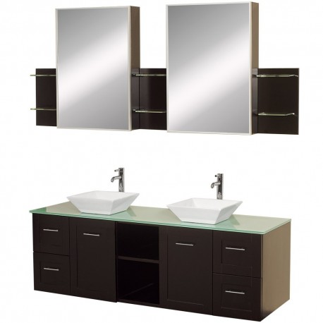 60 inch Double Bathroom Vanity in Espresso, Green Glass Countertop, Pyra White Porcelain Sinks, and Medicine Cabinets