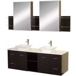 60 inch Double Bathroom Vanity in Espresso, White Man-Made Stone Countertop, Pyra White Porcelain Sinks, and Medicine Cabinets