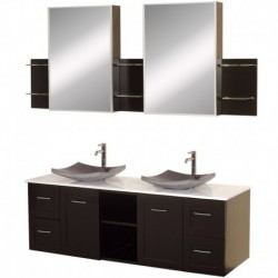 60 inch Double Bathroom Vanity in Espresso, White Man-Made Stone Countertop, Altair Black Granite Sinks, and Medicine Cabinets