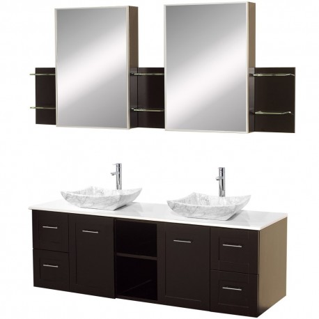 60 inch Double Bathroom Vanity in Espresso, White Man-Made Stone Countertop, Avalon White Carrera Marble Sinks, and Medicine Ca