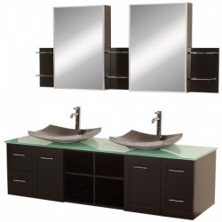72 inch Double Bathroom Vanity in Espresso, Green Glass Countertop, Altair Black Granite Sinks, and Medicine Cabinets