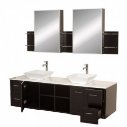 72 inch Double Bathroom Vanity in Espresso, White Man-Made Stone Countertop, Pyra White Porcelain Sinks, and Medicine Cabinets