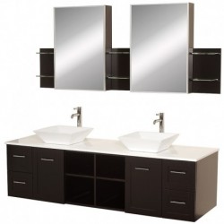 72 inch Double Bathroom Vanity in Espresso, White Man-Made Stone Countertop, Pyra White Porcelain Sinks, and Medicine Cabinets