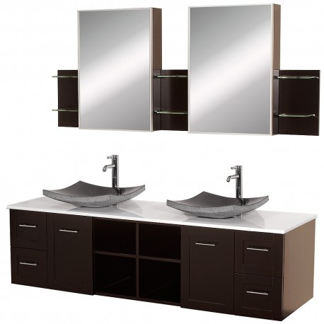 72 inch Double Bathroom Vanity in Espresso, White Man-Made Stone Countertop, Altair Black Granite Sinks, and Medicine Cabinets